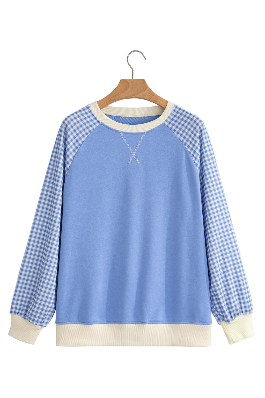 Light Blue Plaid Sleeve Colorblock Raglan Pullover Sweatshirt