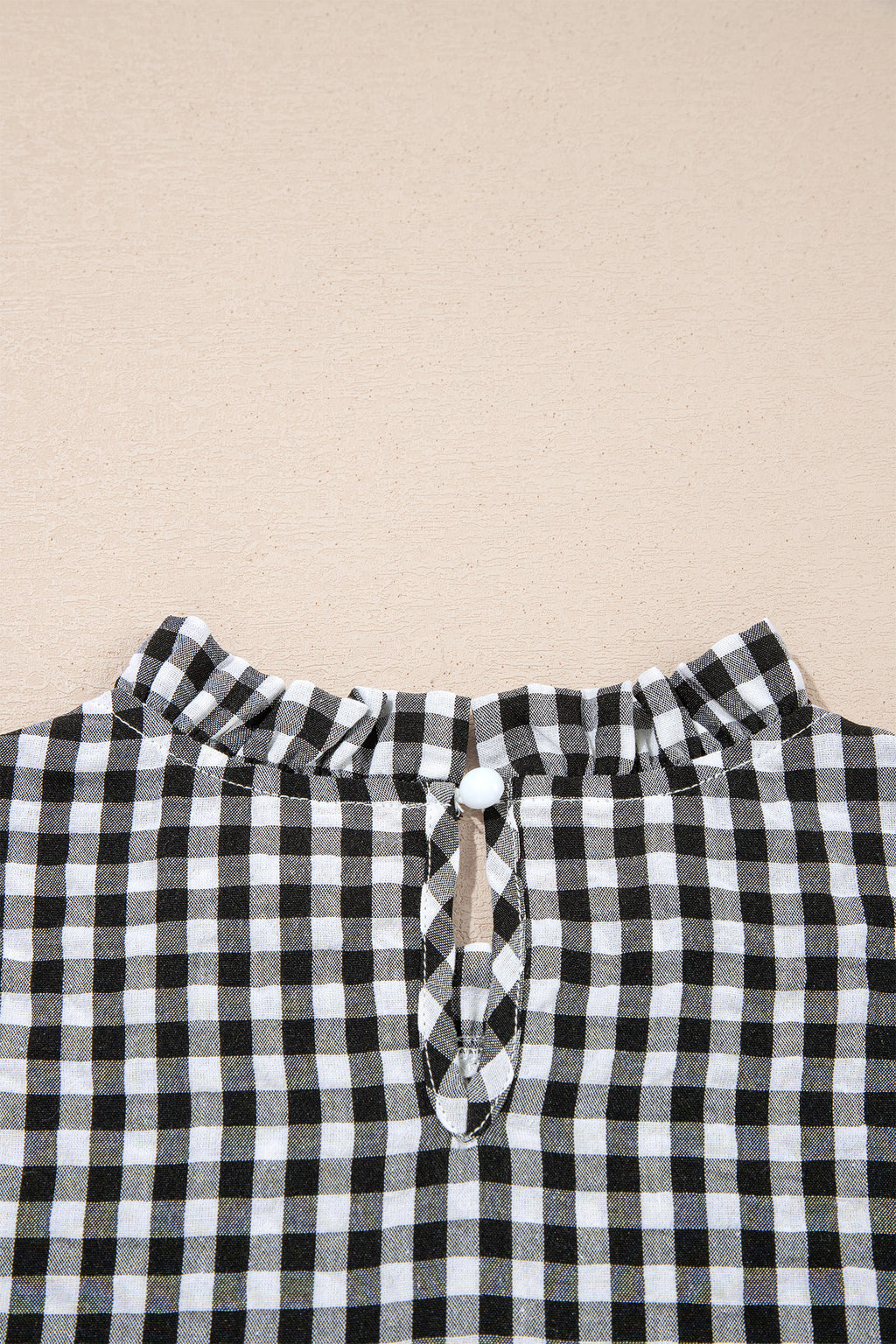 Black Plaid Short Puff Sleeve Frilled Neck Blouse