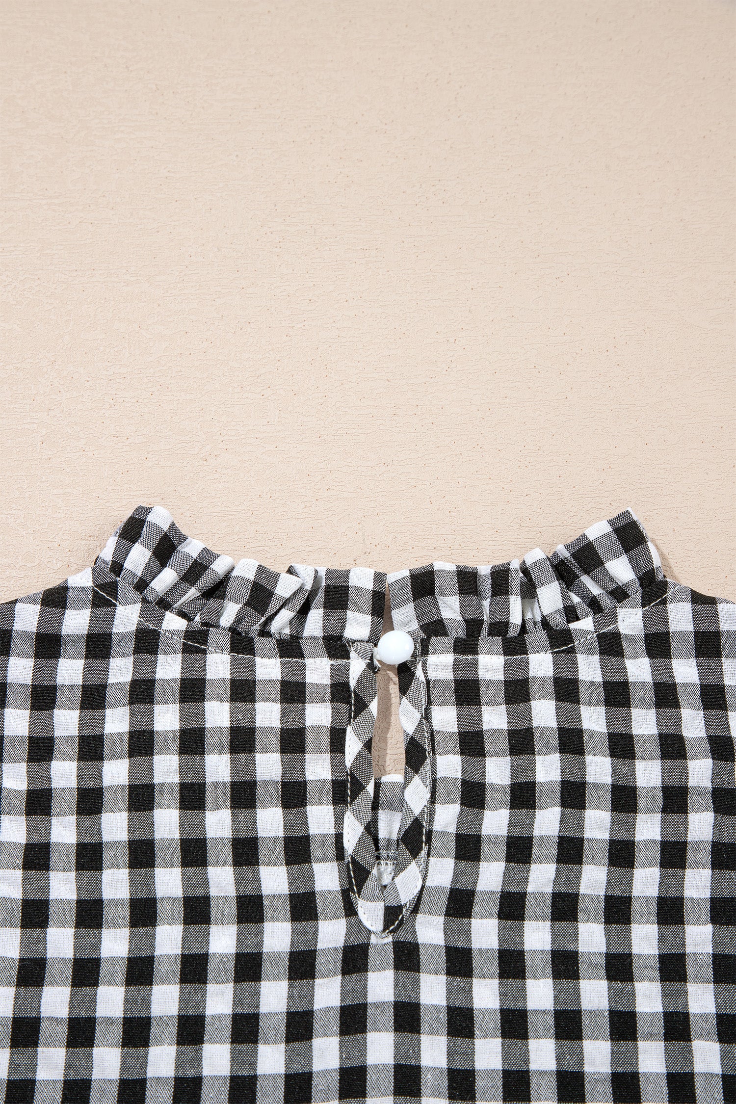 Black Plaid Short Puff Sleeve Frilled Neck Blouse