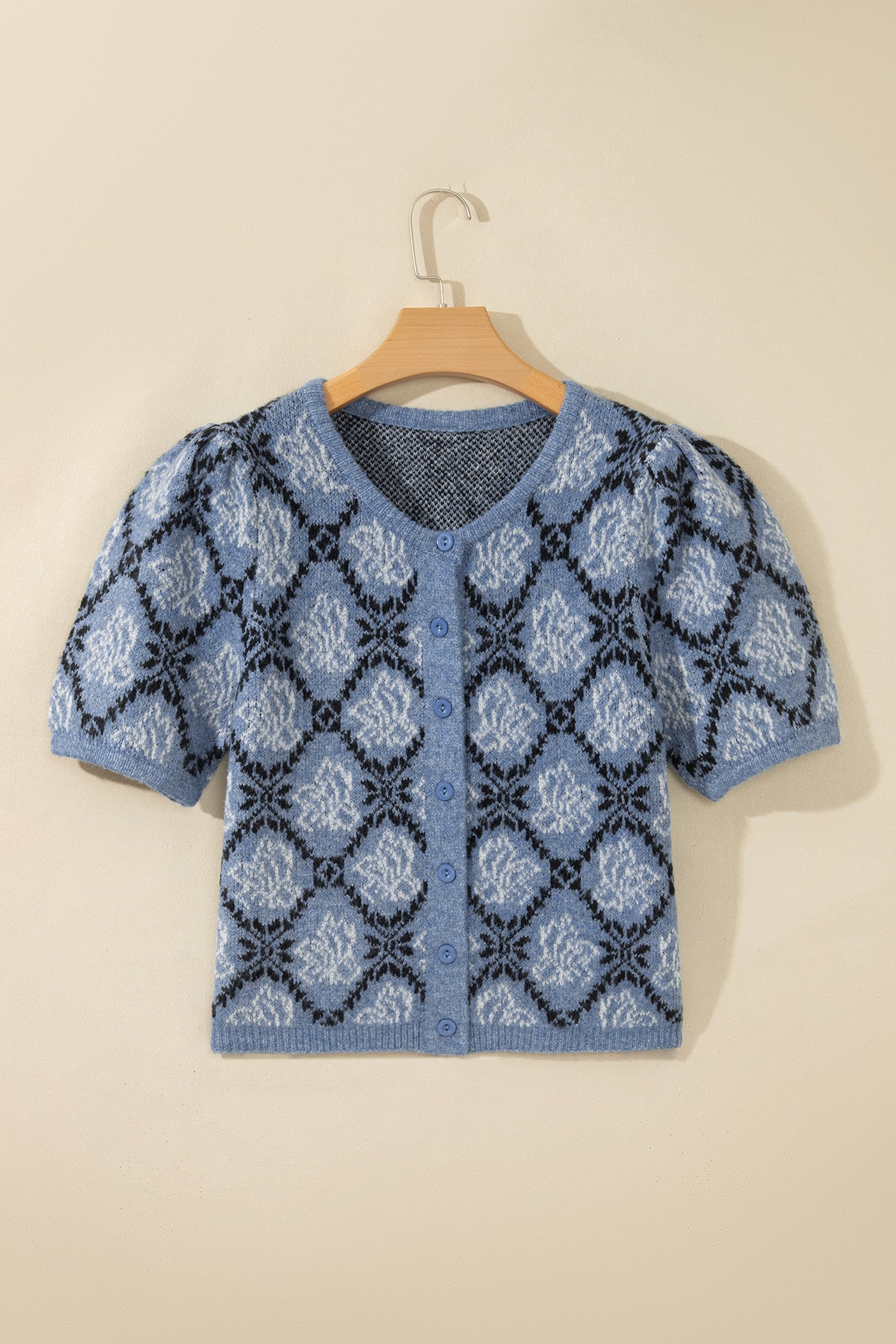 Dark Blue Short Sleeve Button Front Boho Knit Top Cardigan