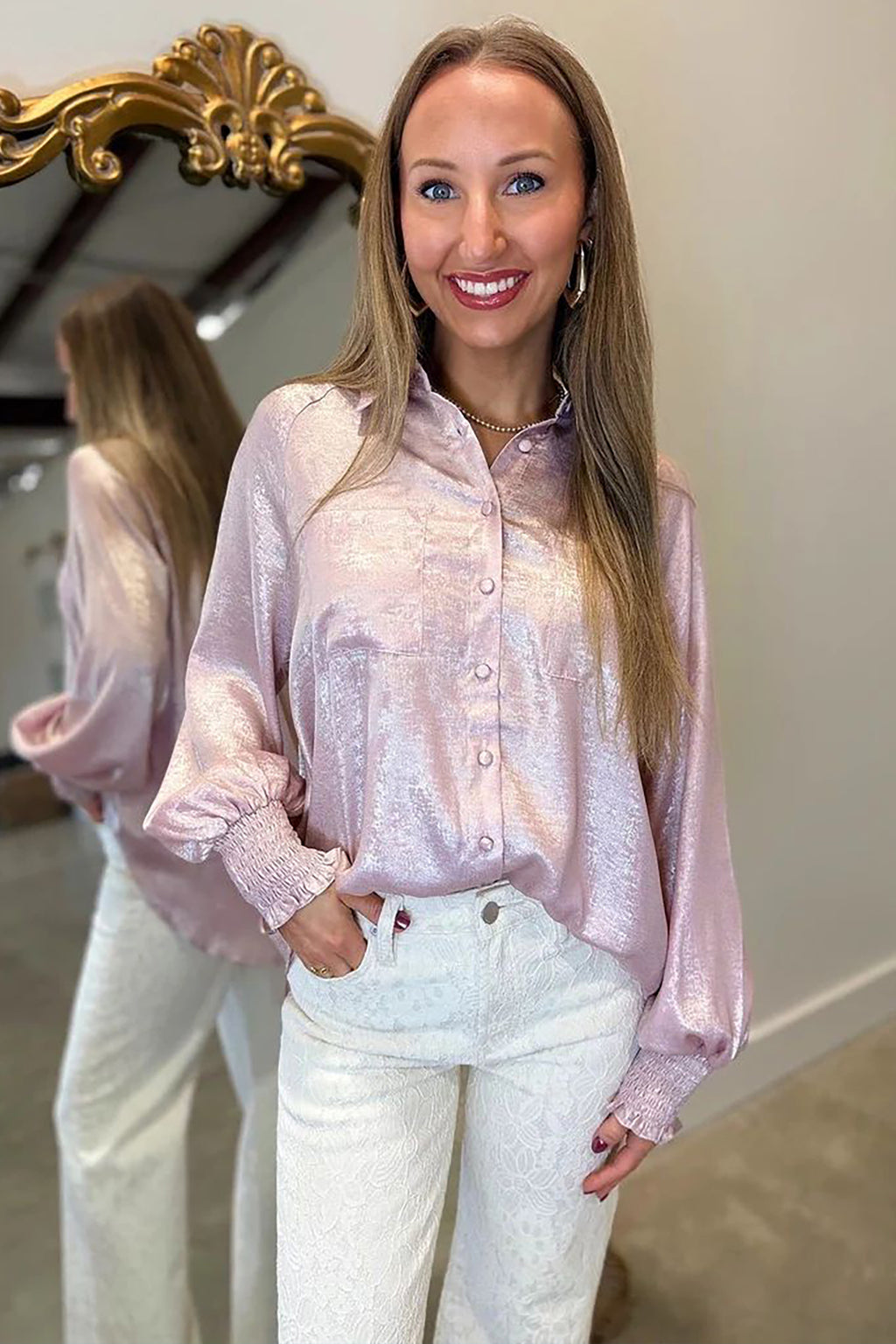 Delicacy Long Sleeve Button Front Ruffle Cuffs Back Paneling Shirt