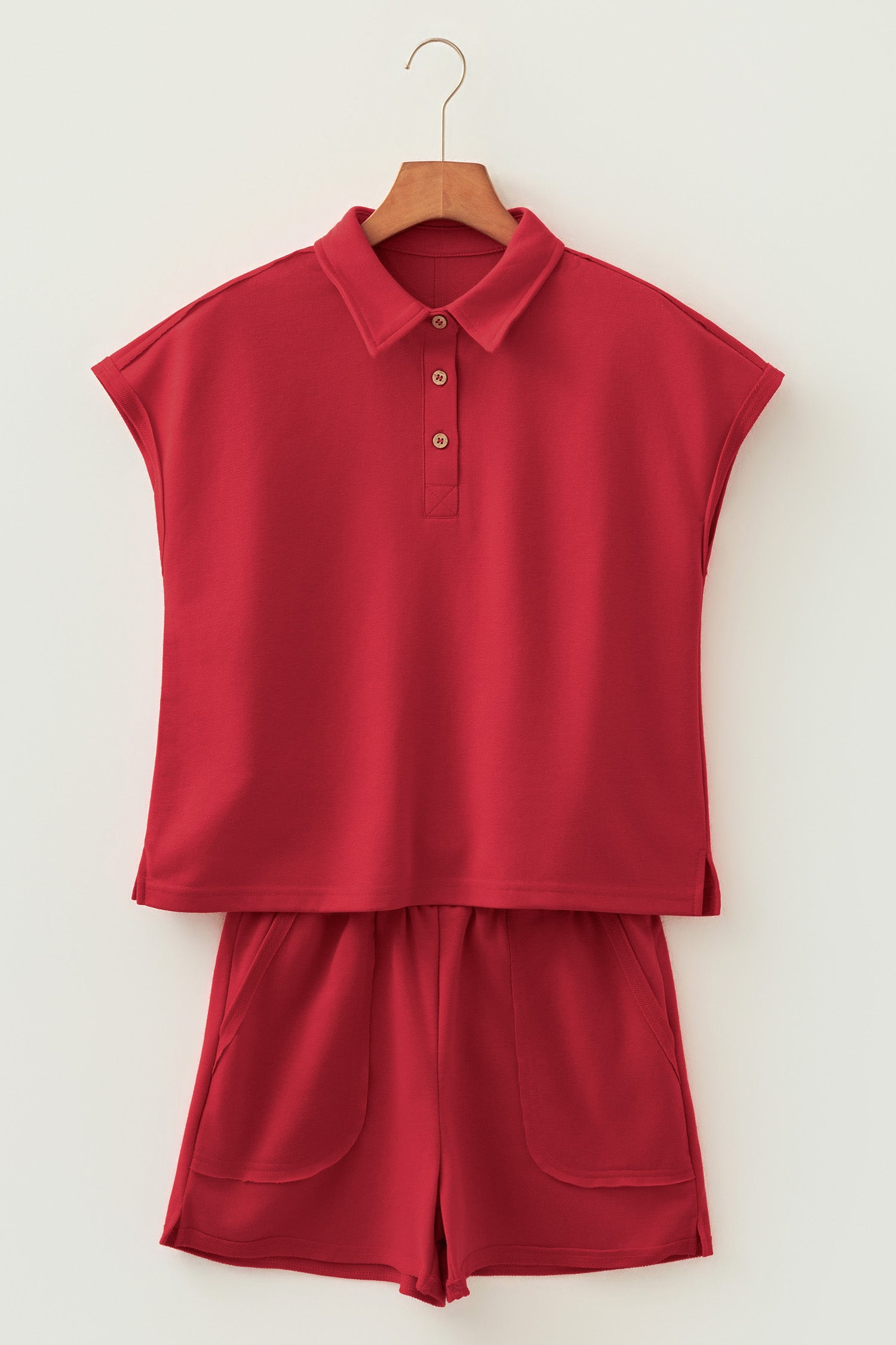 Yellow Cream Loose Polo Tee Elastic Waist 2pcs Short Set