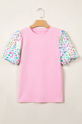 Pink Round Neck Floral Blouse