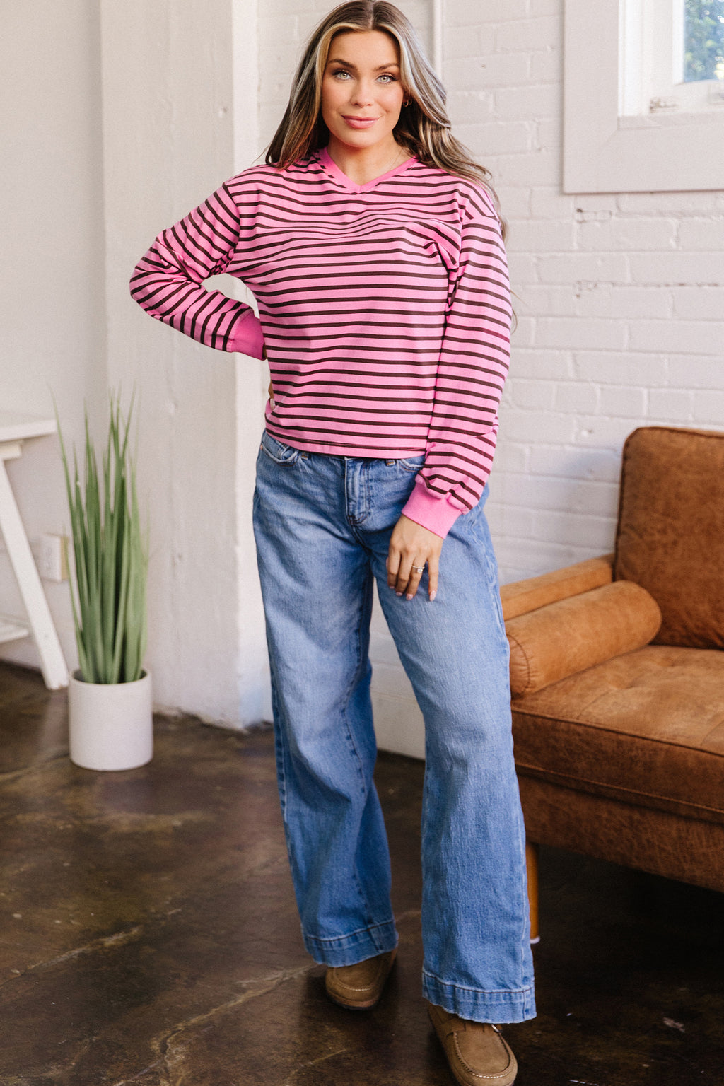 Pink Stripe V Neck Drop Shoulder Long Sleeve Top