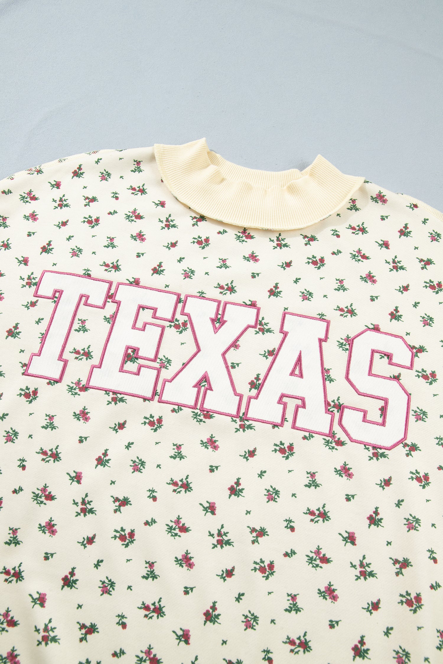 Beige Floral Print Stand Neck Long Sleeve Slogan Sweatshirt