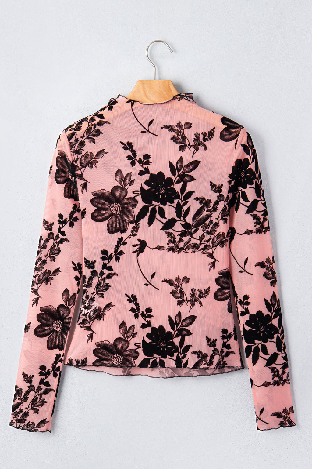 Gossamer Pink Retro Floral Print Mesh Long Sleeve Pullover Blouse
