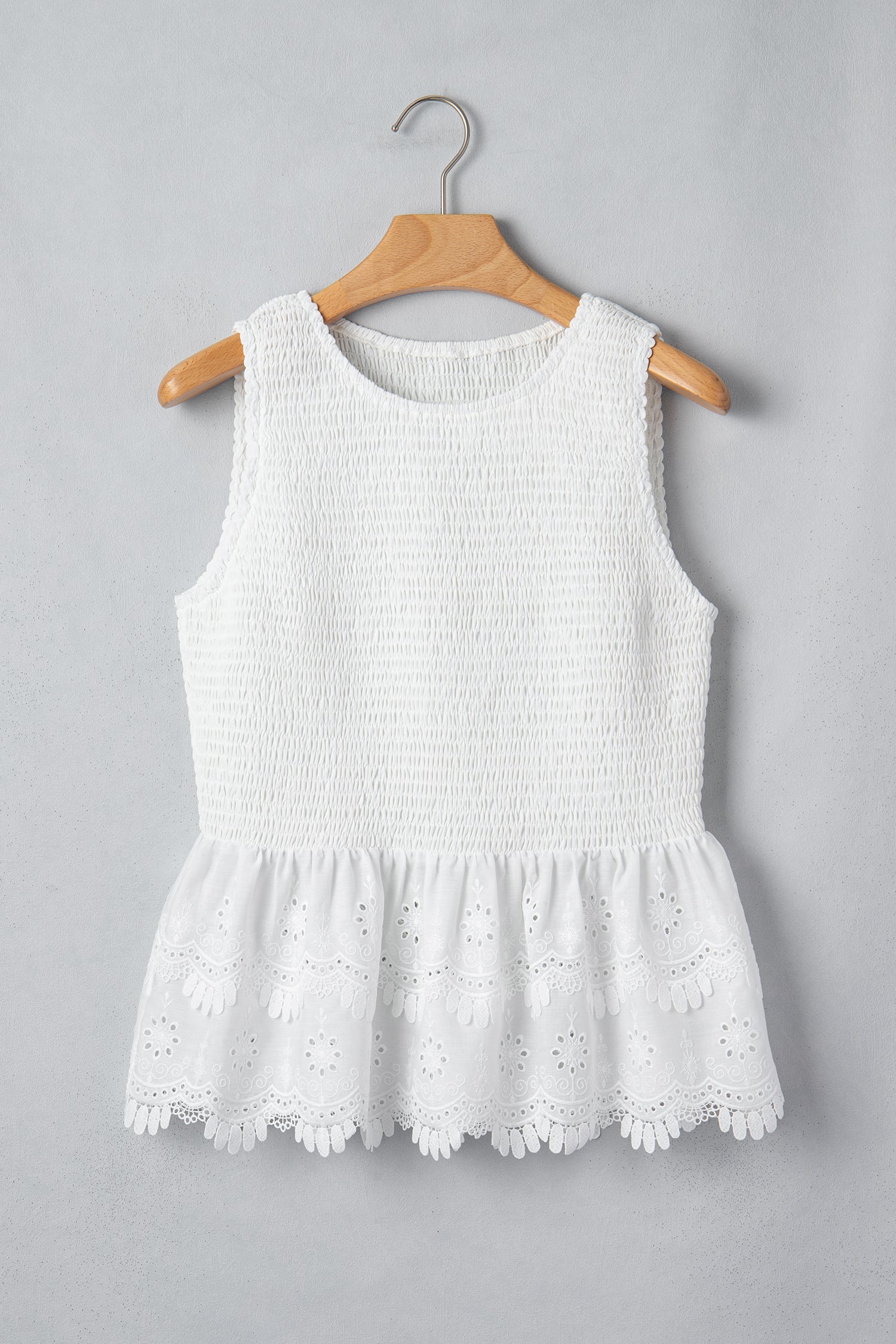 White Sleeveless Smocked Lace Peplum Top