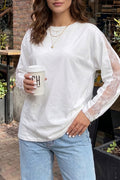 White Lace Patchwork Round Neck Long Sleeve Top