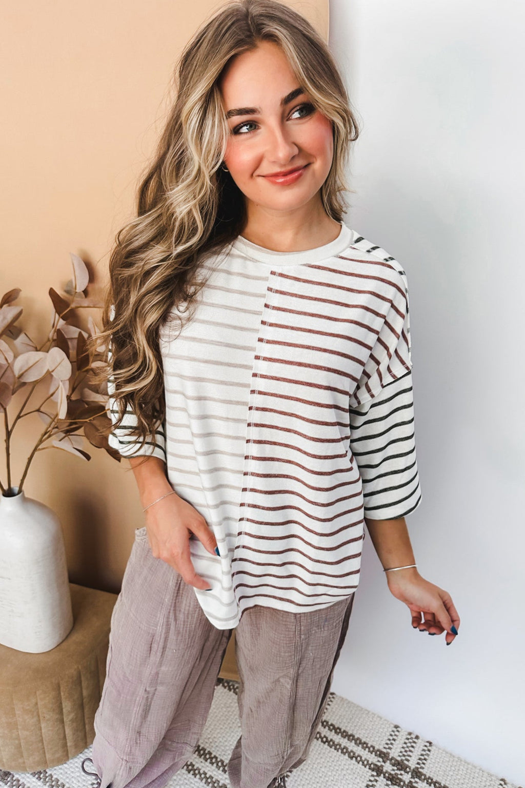 Green Stripe Colorblock 3/4 Sleeve Loose T Shirt