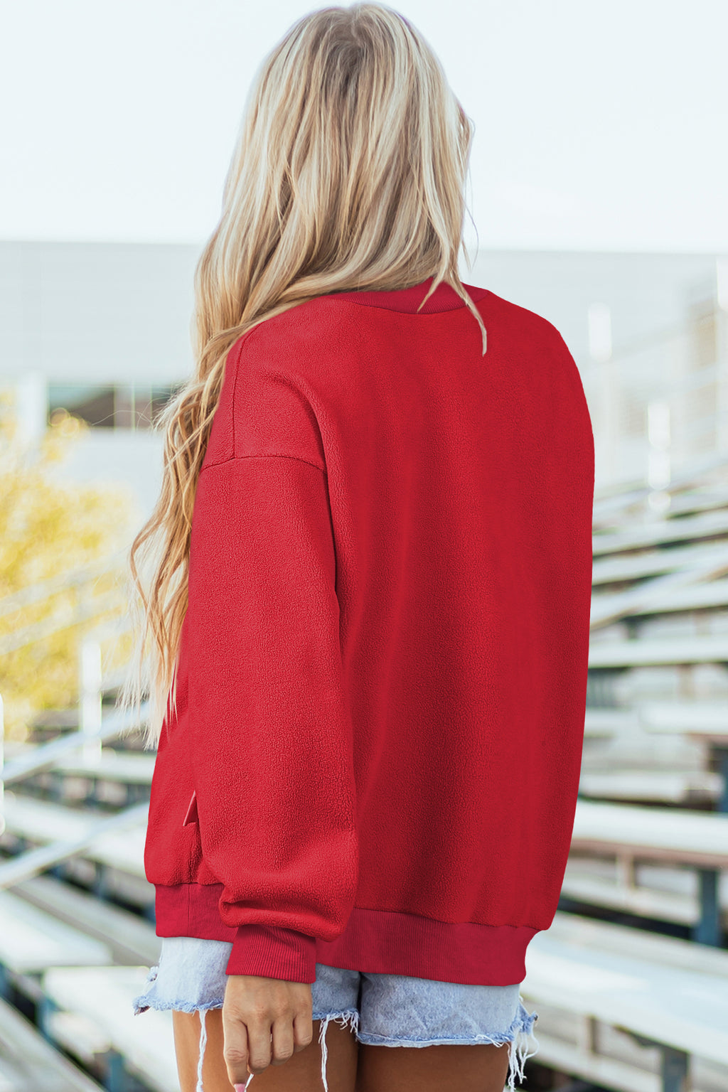 Red Dahlia Oversize Drop Shoulder Reversible Mock Neck Sweatshirt
