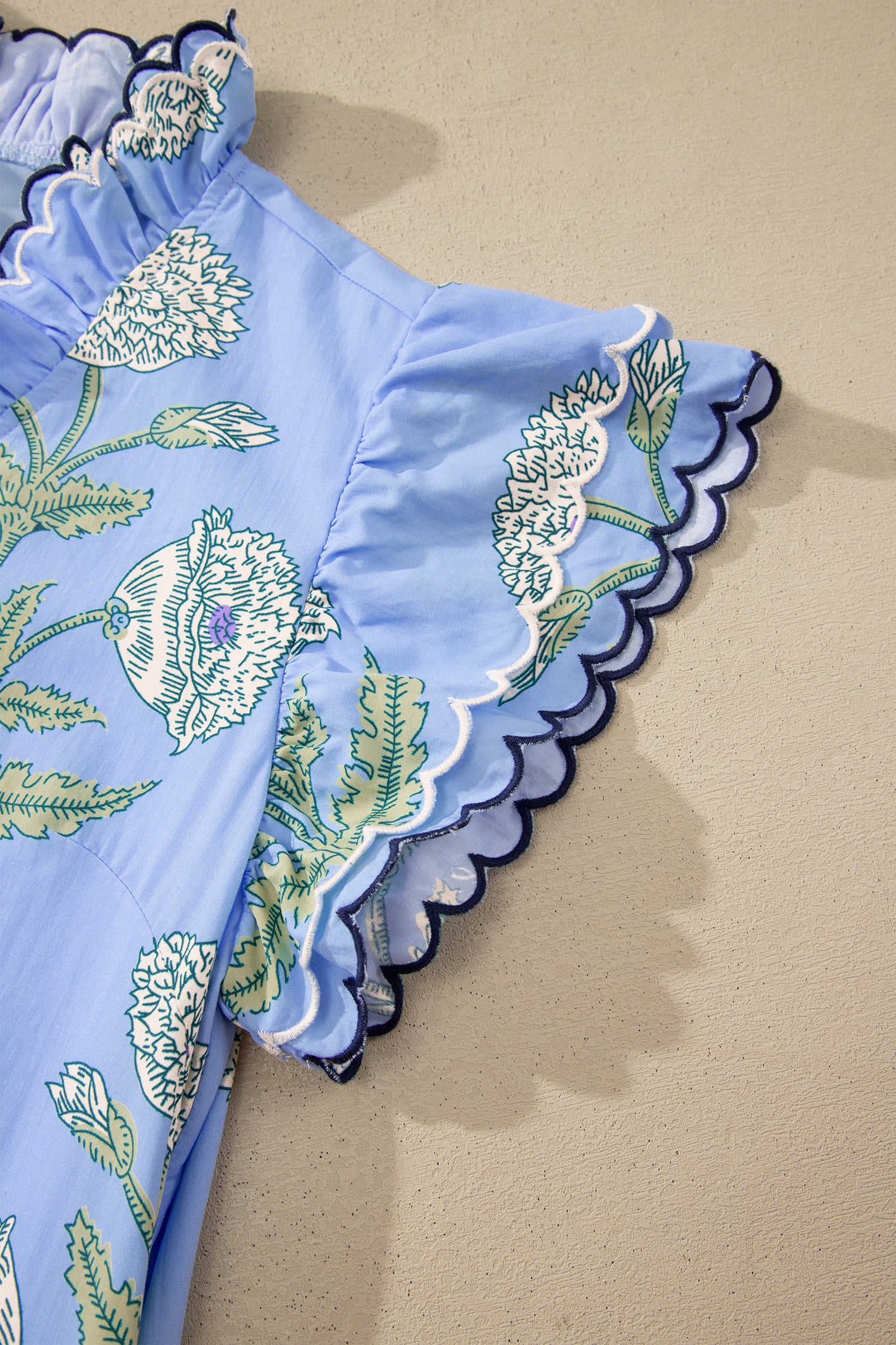 Sky Blue Wild Floral Print Scalloped Embroidery Trim V Neck Drop Waist Mini Dress