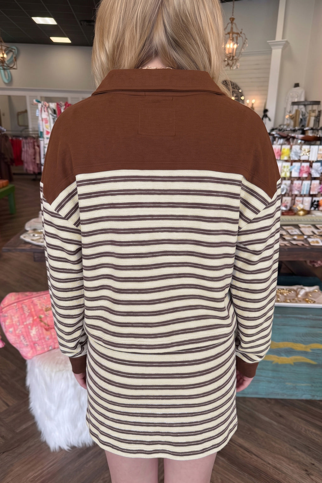 Brown Stripe Contrast Trim Button Neck Long Sleeve Top Drawstring Mini Skirt Set