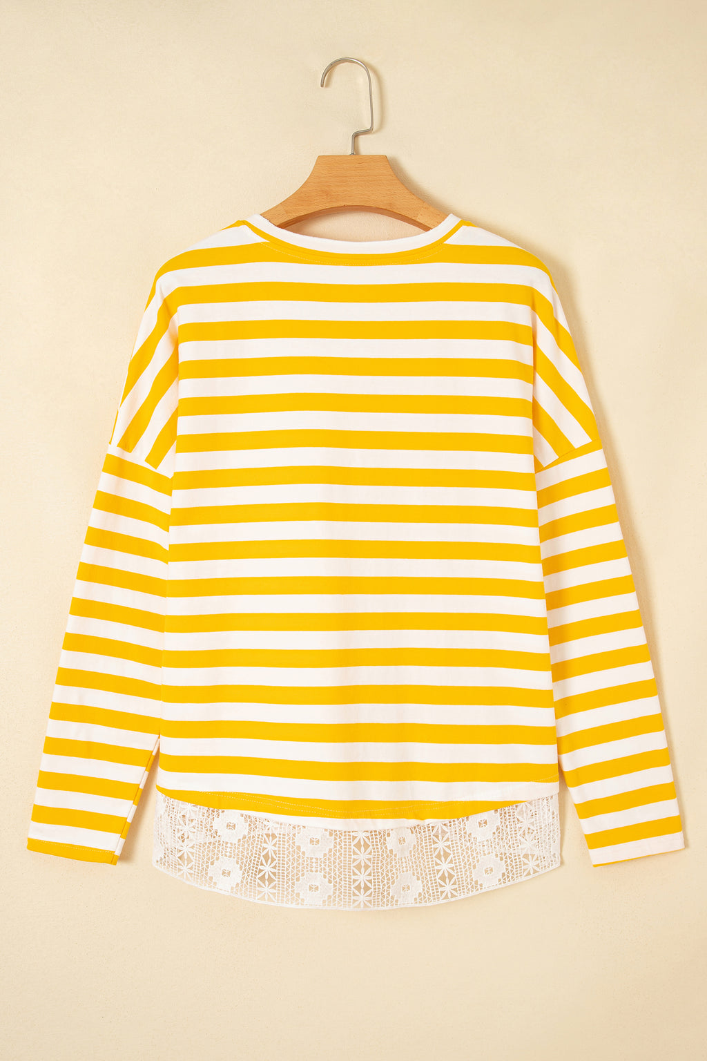 Yellow Stripe Striped Lace Patchwork V Neck Long Sleeve Top
