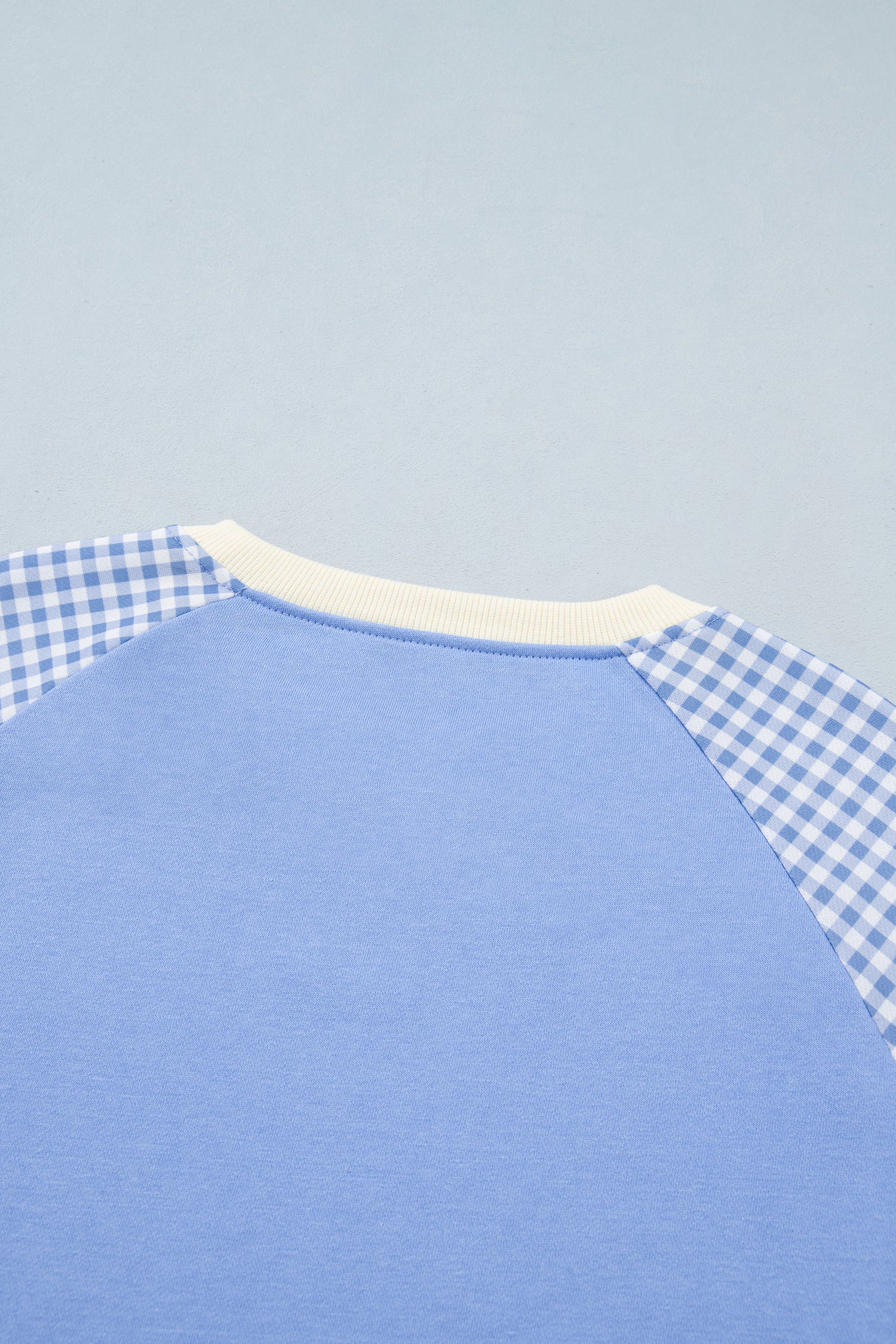 Light Blue Plaid Sleeve Colorblock Raglan Pullover Sweatshirt