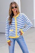 Sky Blue Stripe Striped Colorblock Button Front Long Sleeve Loose Fit Knit Cardigan