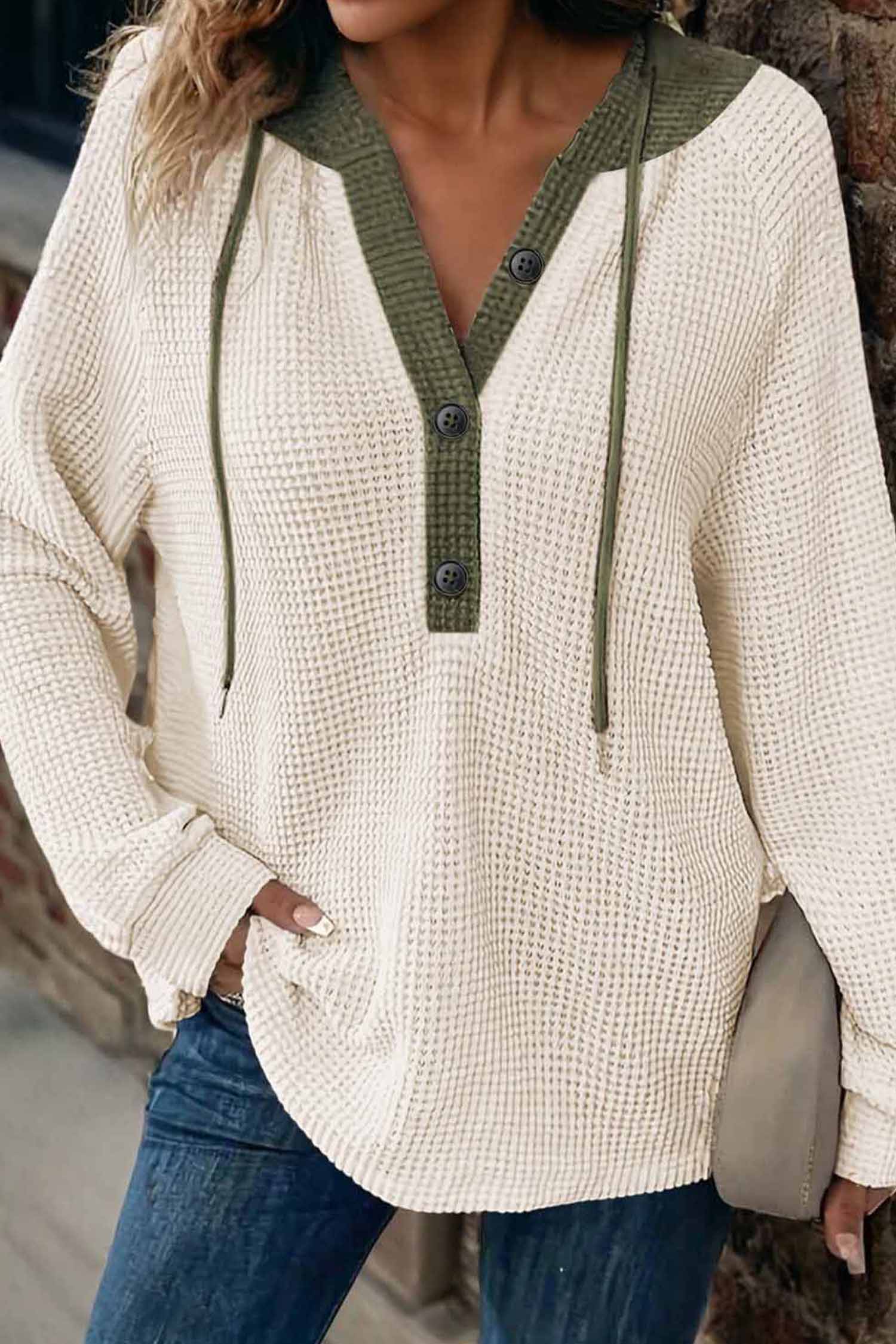Coffee Waffle Contrast Half Buttoned Hooded Pullover Top