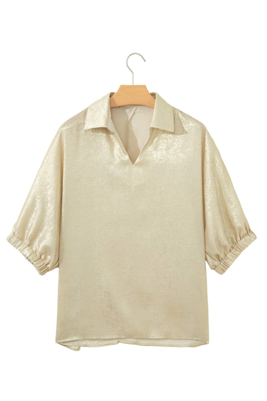 Myosotis Collared V Neck Half Sleeve Metallic Top