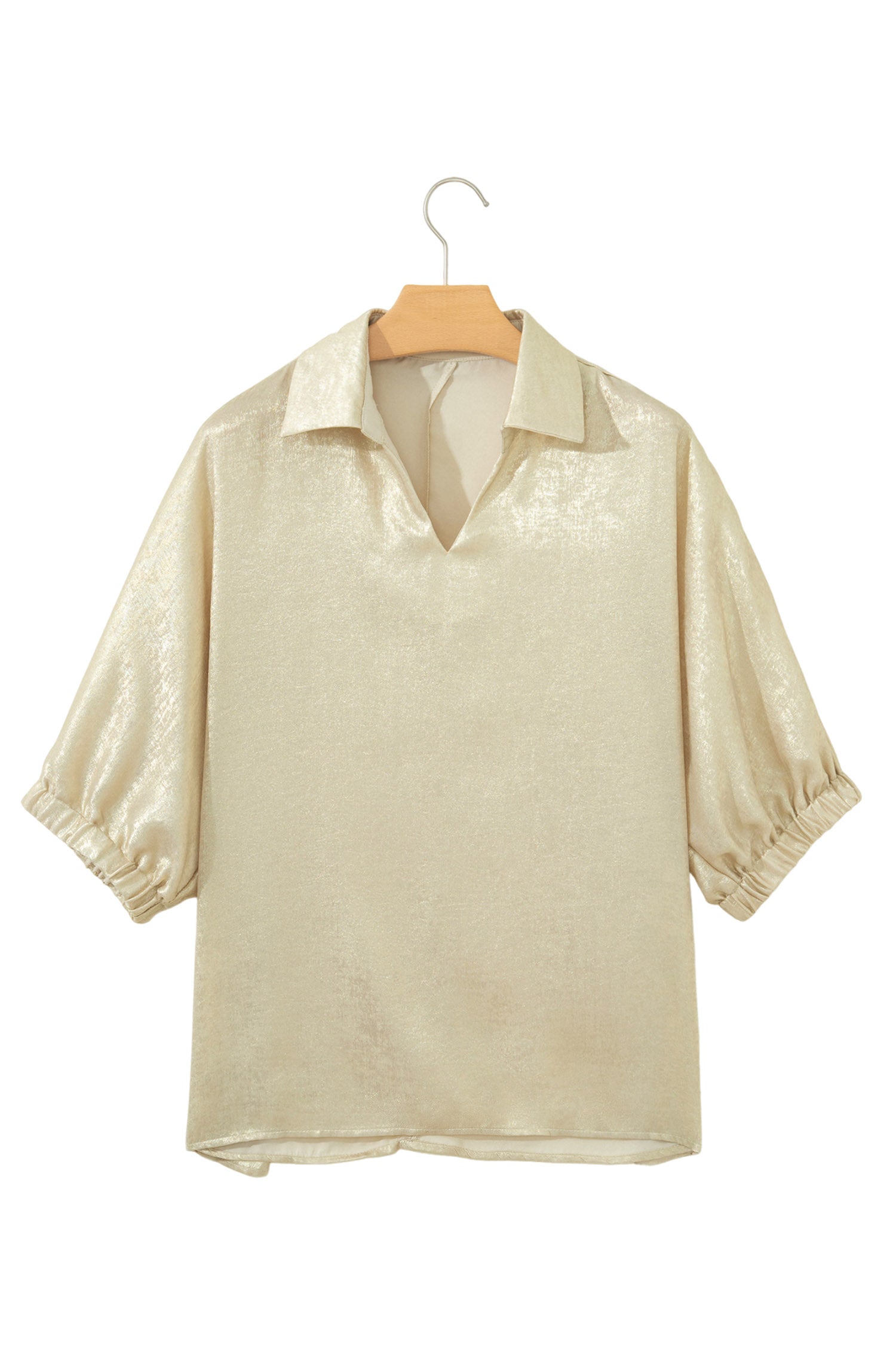 Myosotis Collared V Neck Half Sleeve Metallic Top