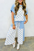 Yellow Color Block Patchwork Polka Dot Wide Leg Pant Set
