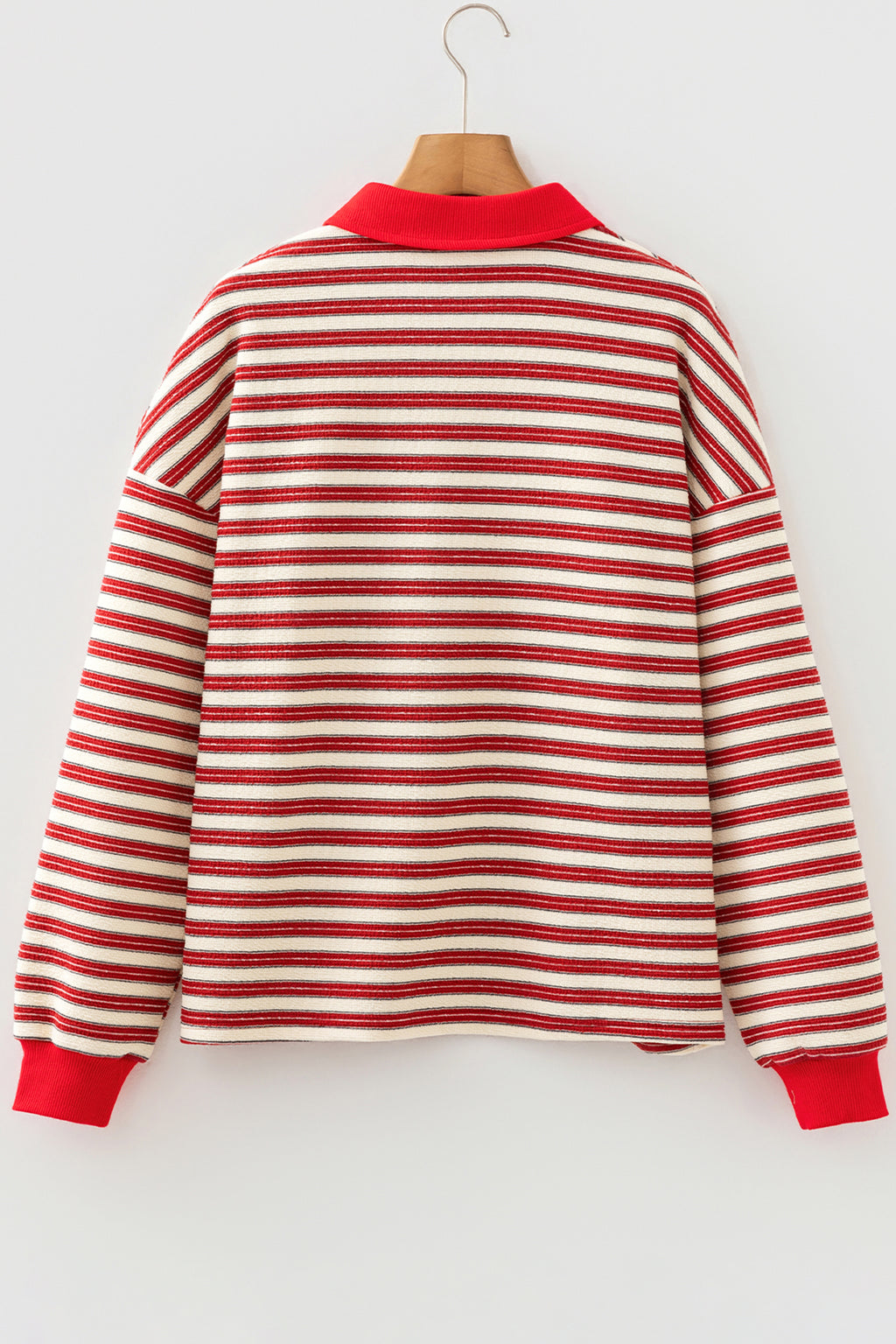 Dark Green Striped Print Contrast Collar Zip V Neck Long Sleeve Top