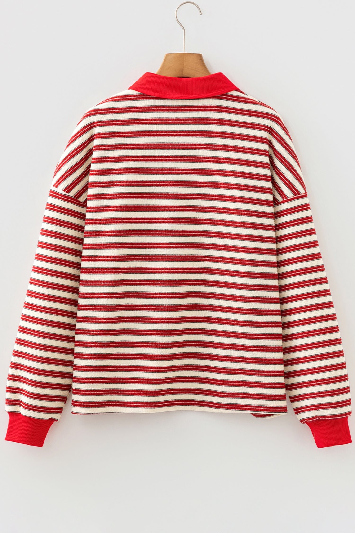 Dark Green Striped Print Contrast Collar Zip V Neck Long Sleeve Top