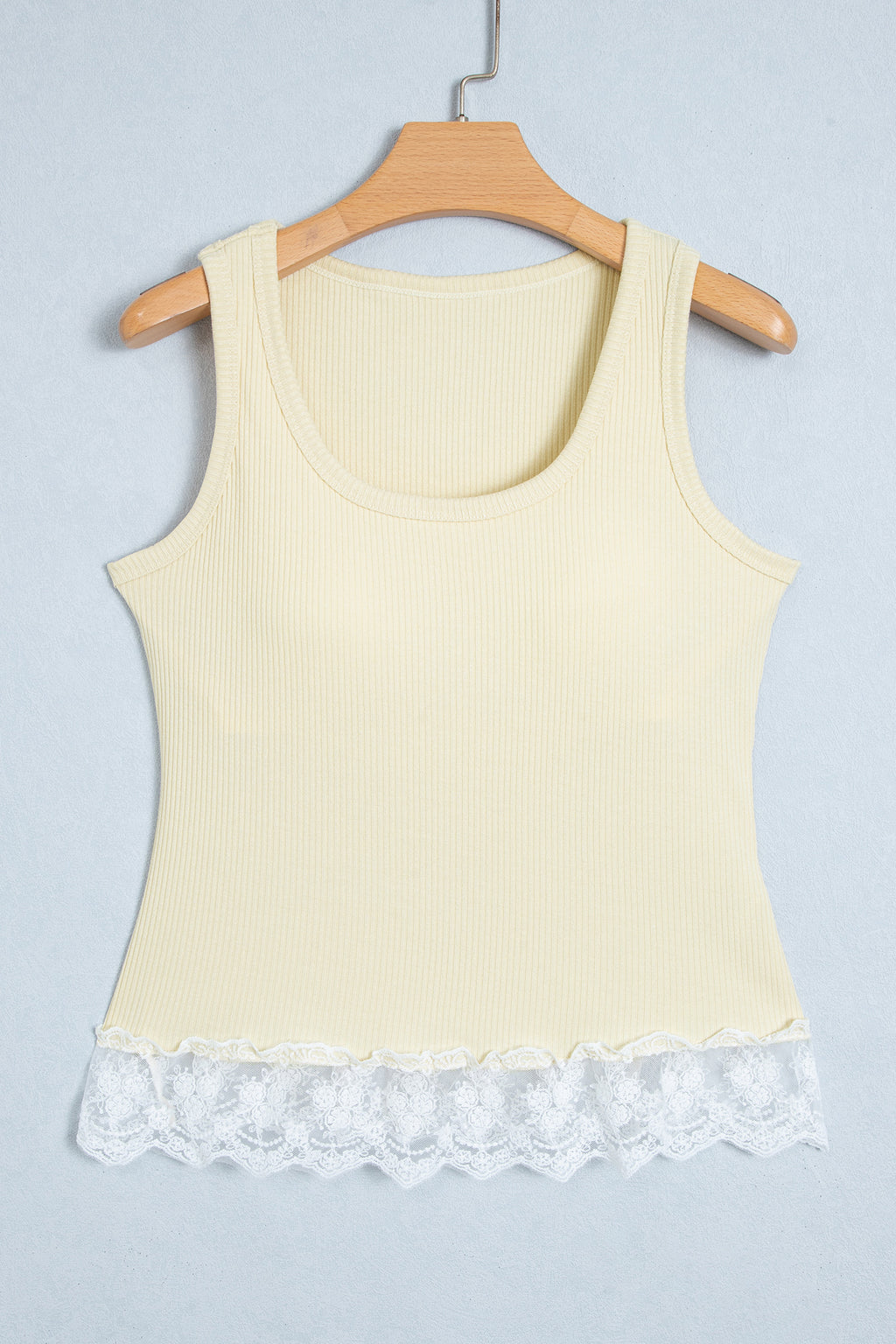 Beige Ribbed Knit Sweet Lace Hem Vest