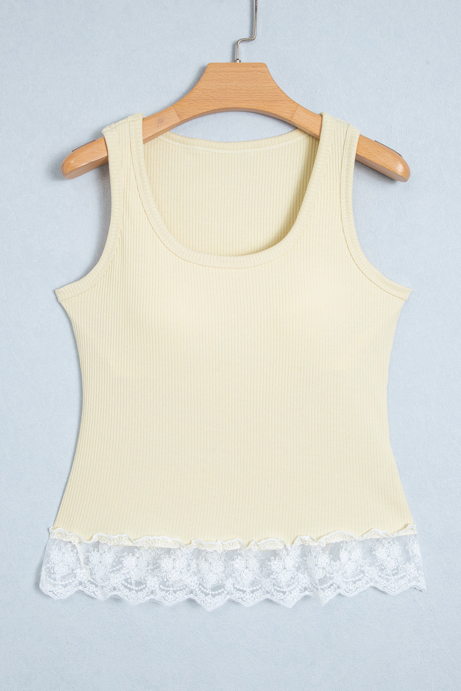 Beige Ribbed Knit Sweet Lace Hem Vest