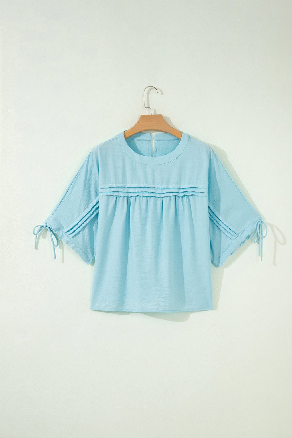 Mist Blue Tie Half Sleeve Pleated Detail Babydoll Blouse