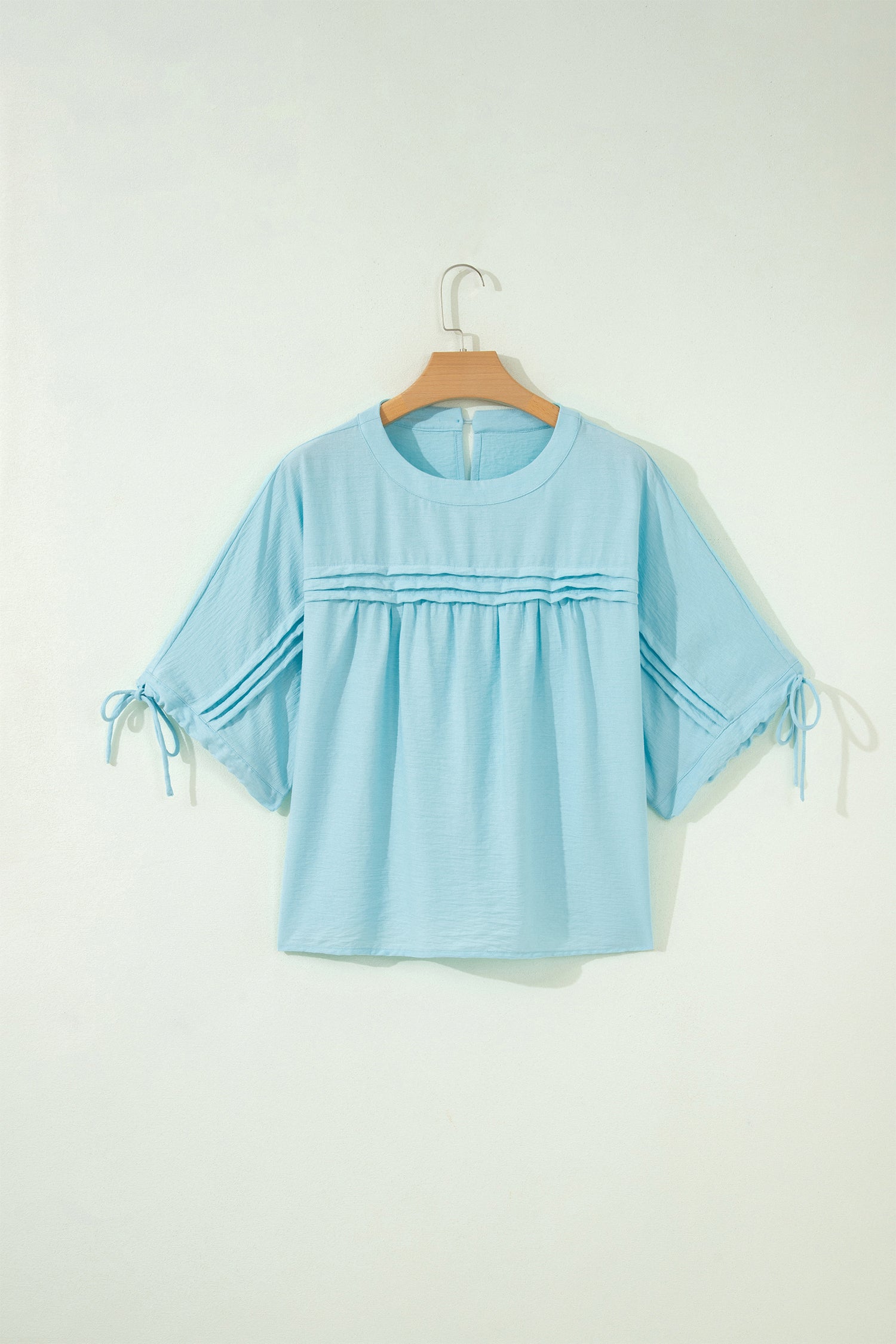 Mist Blue Tie Half Sleeve Pleated Detail Babydoll Blouse