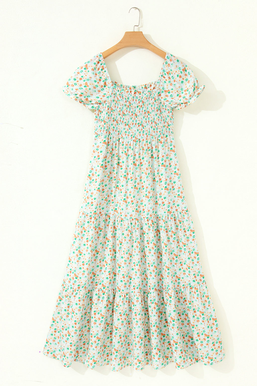Green Floral Short Bubble Sleeve Shirred High Waist Maxi Dress
