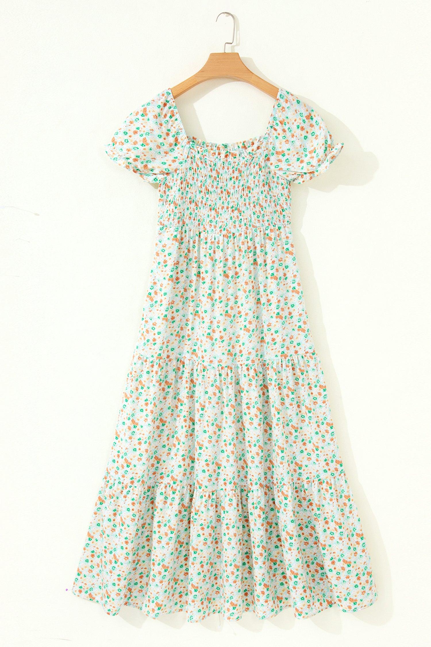 Green Floral Short Bubble Sleeve Shirred High Waist Maxi Dress