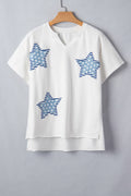 White Patriot Star Patched Notched Neck Mineral Washed Tee