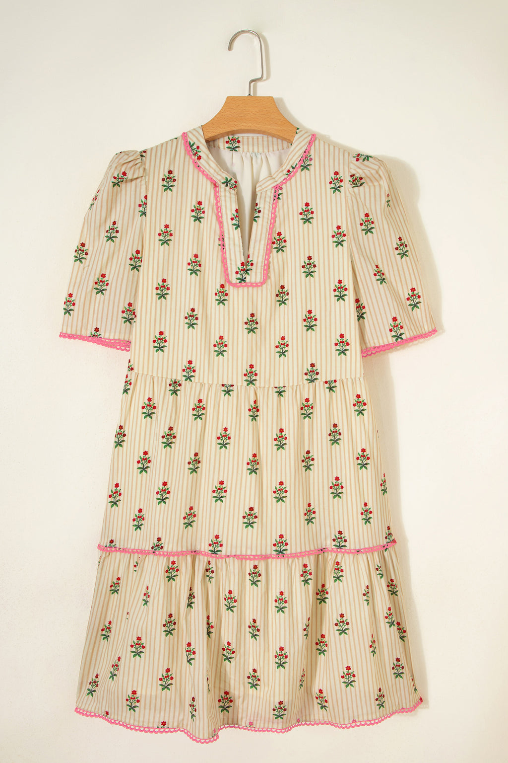 Apricot Striped Floral Short Dress