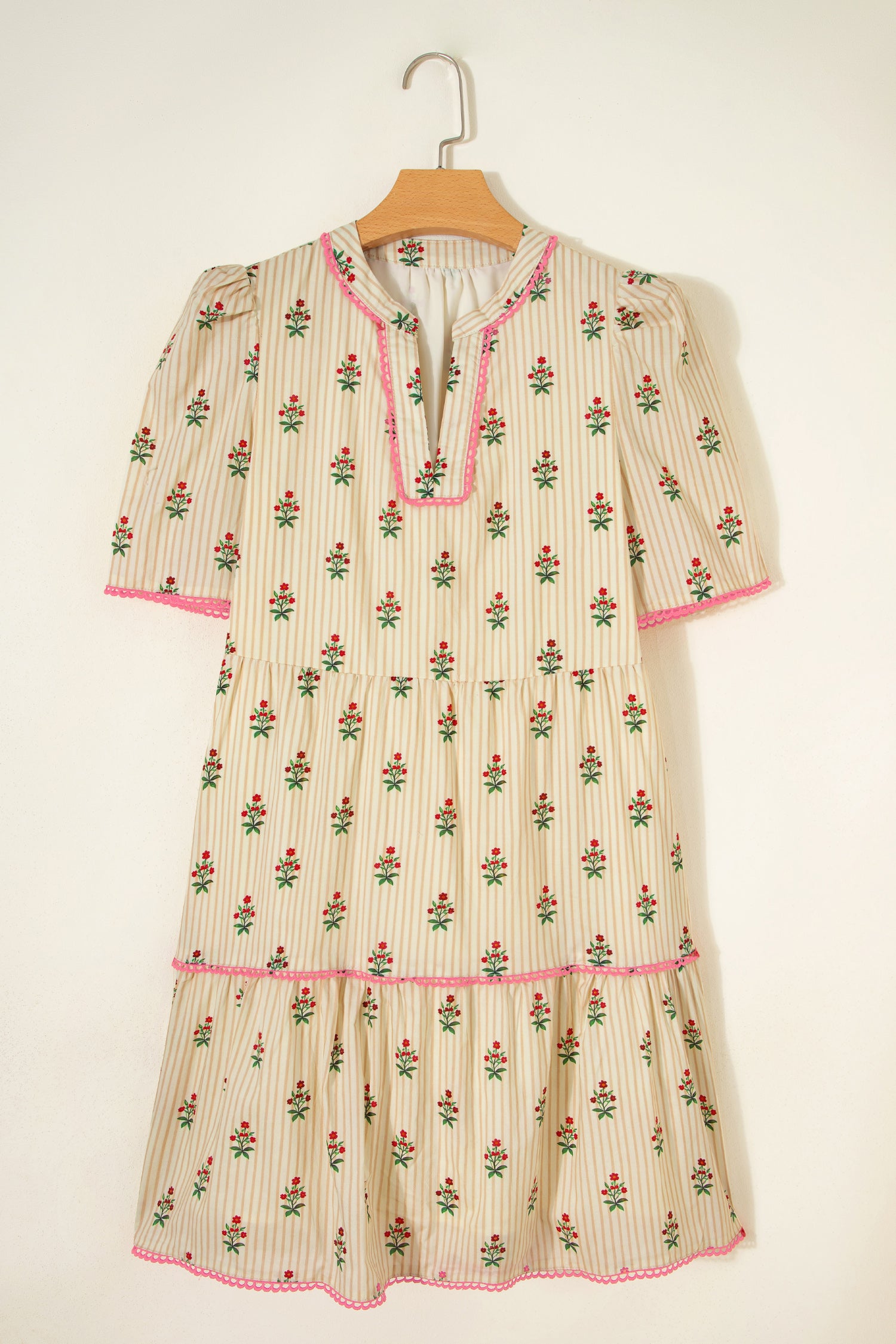Apricot Striped Floral Short Dress