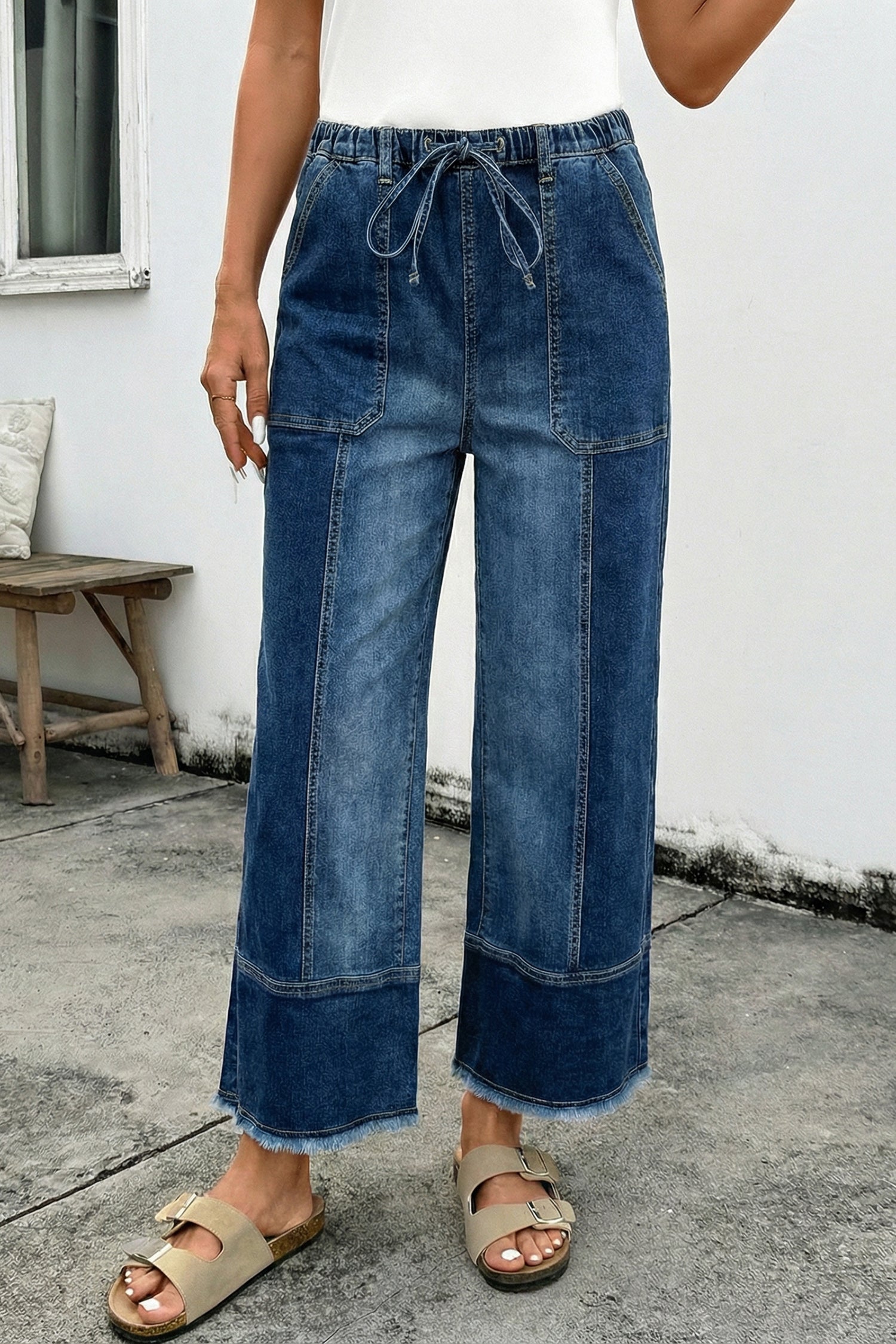 Drawstring Wide Leg Denim Pants