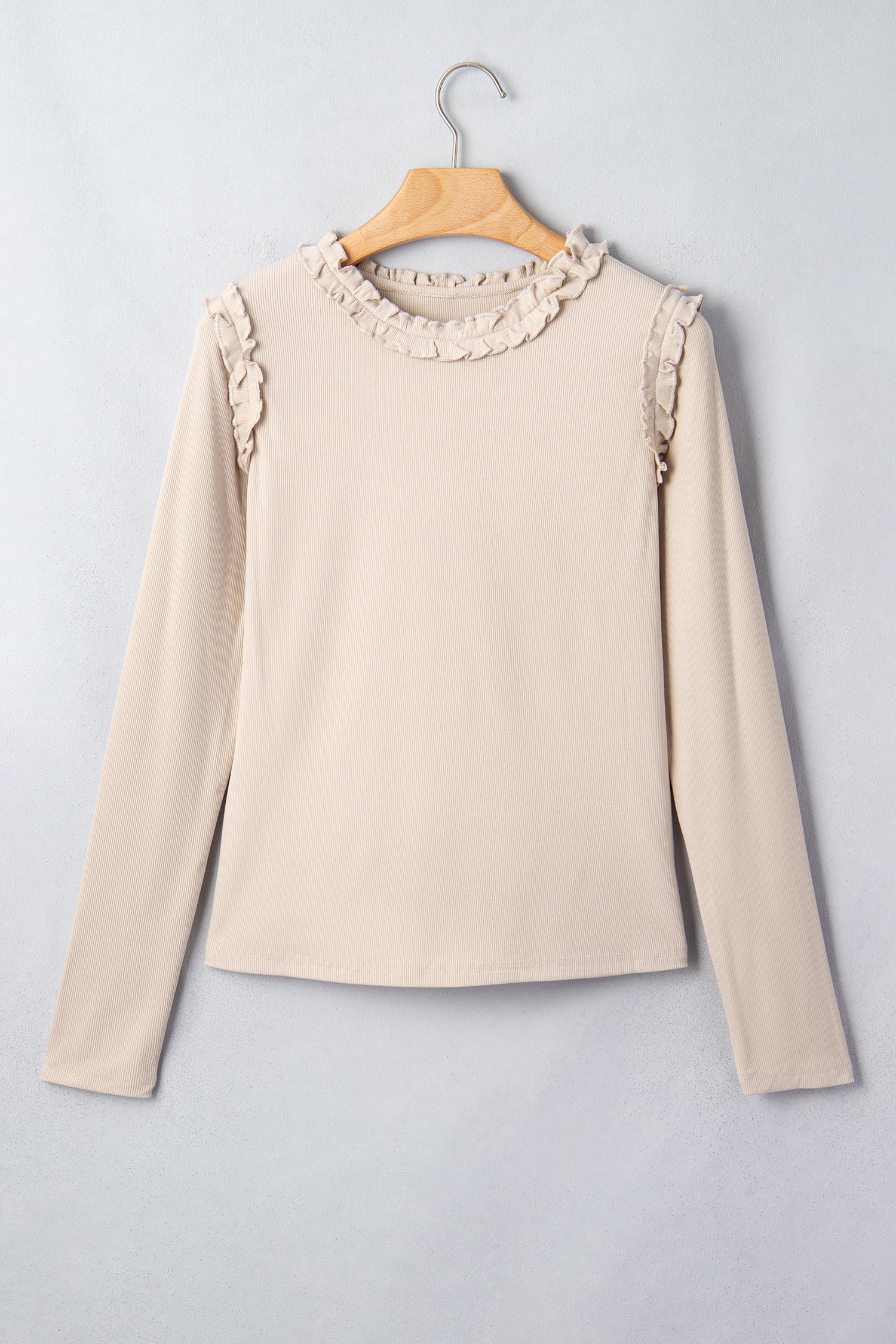Beige Solid Color Round Neck Frill Detail Long Sleeve Top