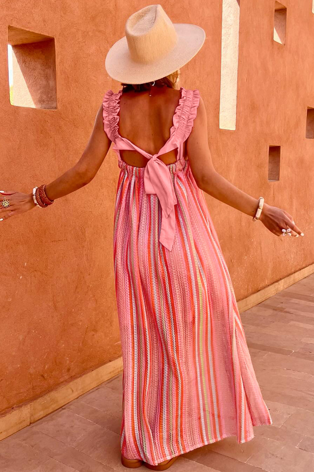 Pink Stripe Ruffled Vacation Maxi Dress