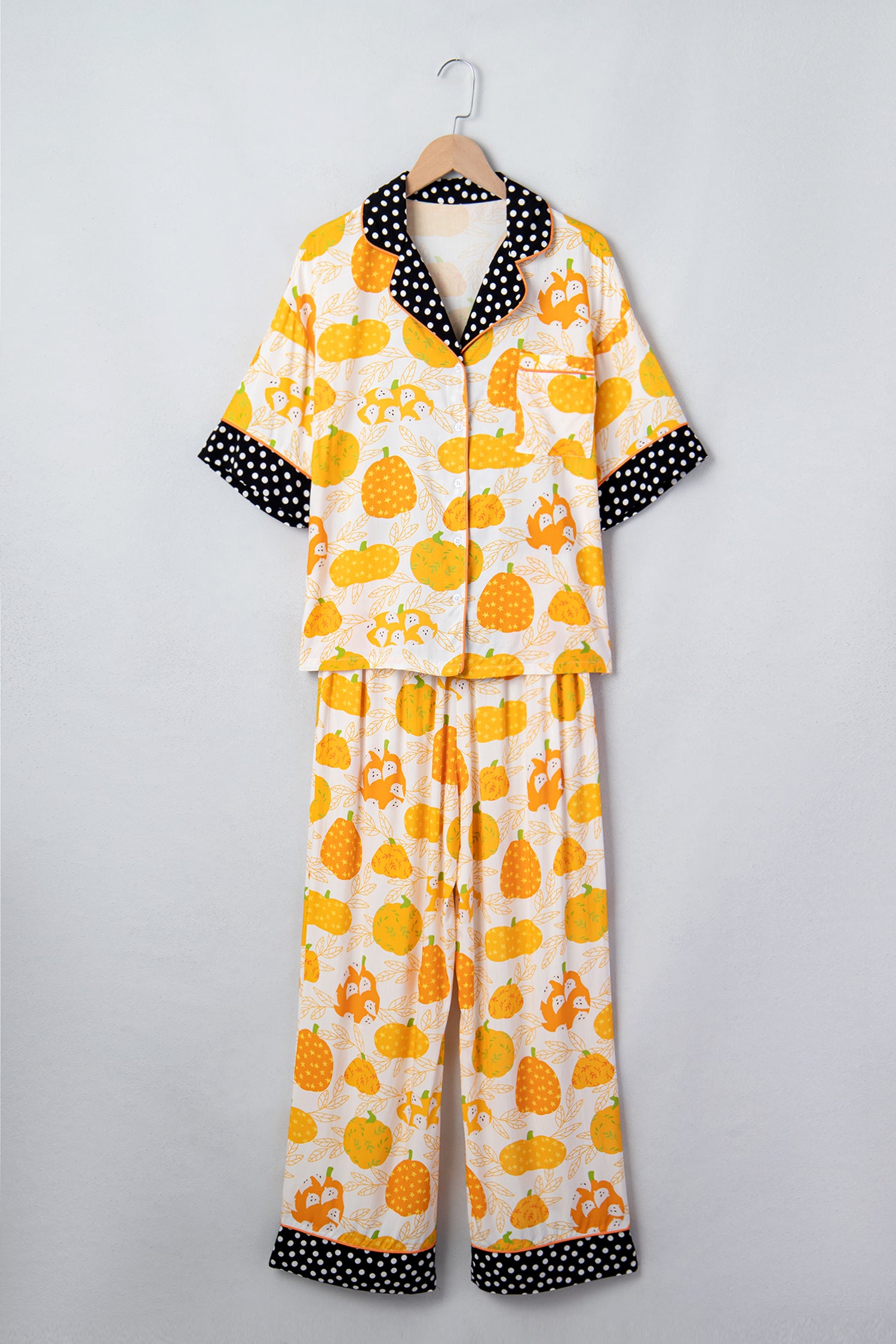 Orange Short Sleeve Pumpkin Print Polka Dot Trim Pocket Pocket Placket Home Wear Lounge Set