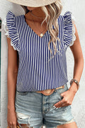 Blue Stripe V Neck Lace Contrast Ruffle Trim Tank Top