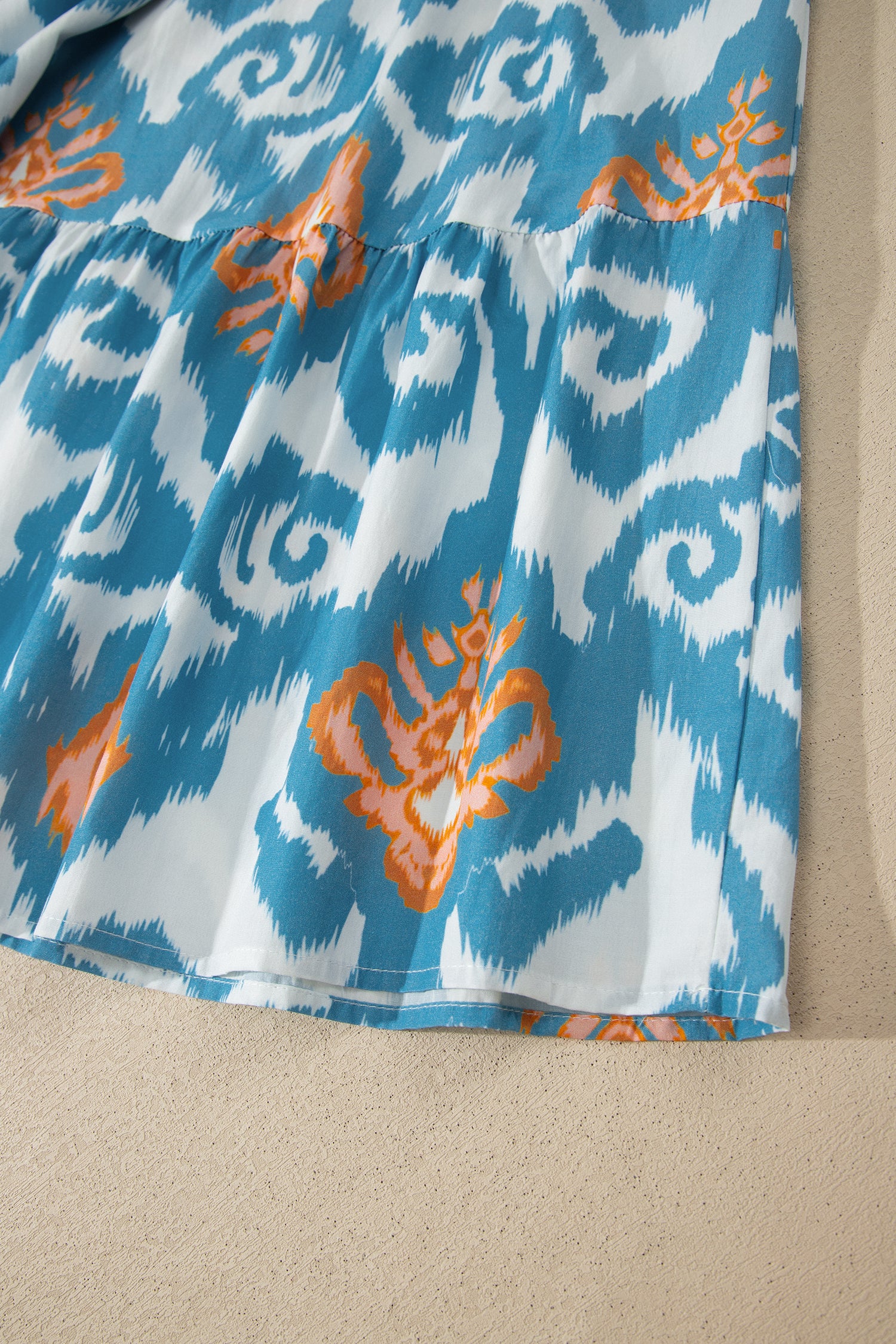 Sky Blue Boho Floral Print Short Puff Sleeve Button Down Ruffle Hem Midi Dress
