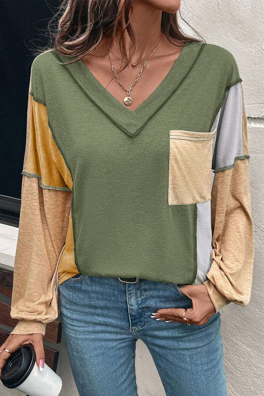 Sail Blue Exposed Stitching Colorblock V Neck Long Sleeve Top