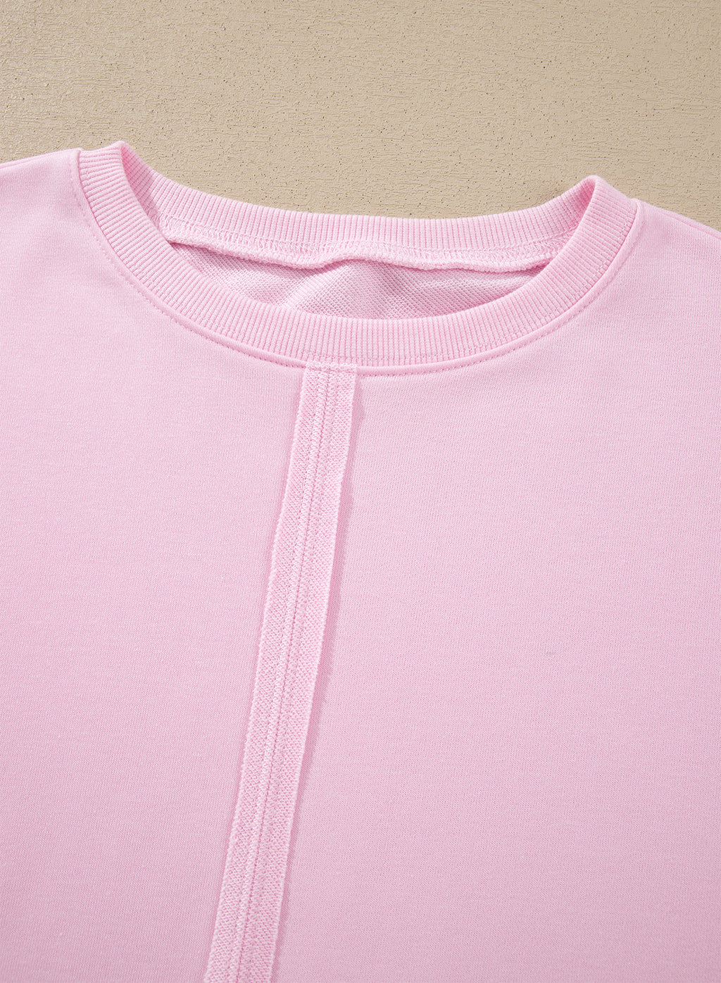 Pink Solid Color Raw Seam Lace Detail Loose Casual Sweatshirt