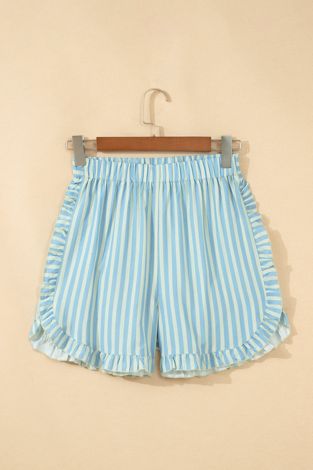 Sky Blue Stripe Elastic Waist Ruffle Trim Casual Shorts