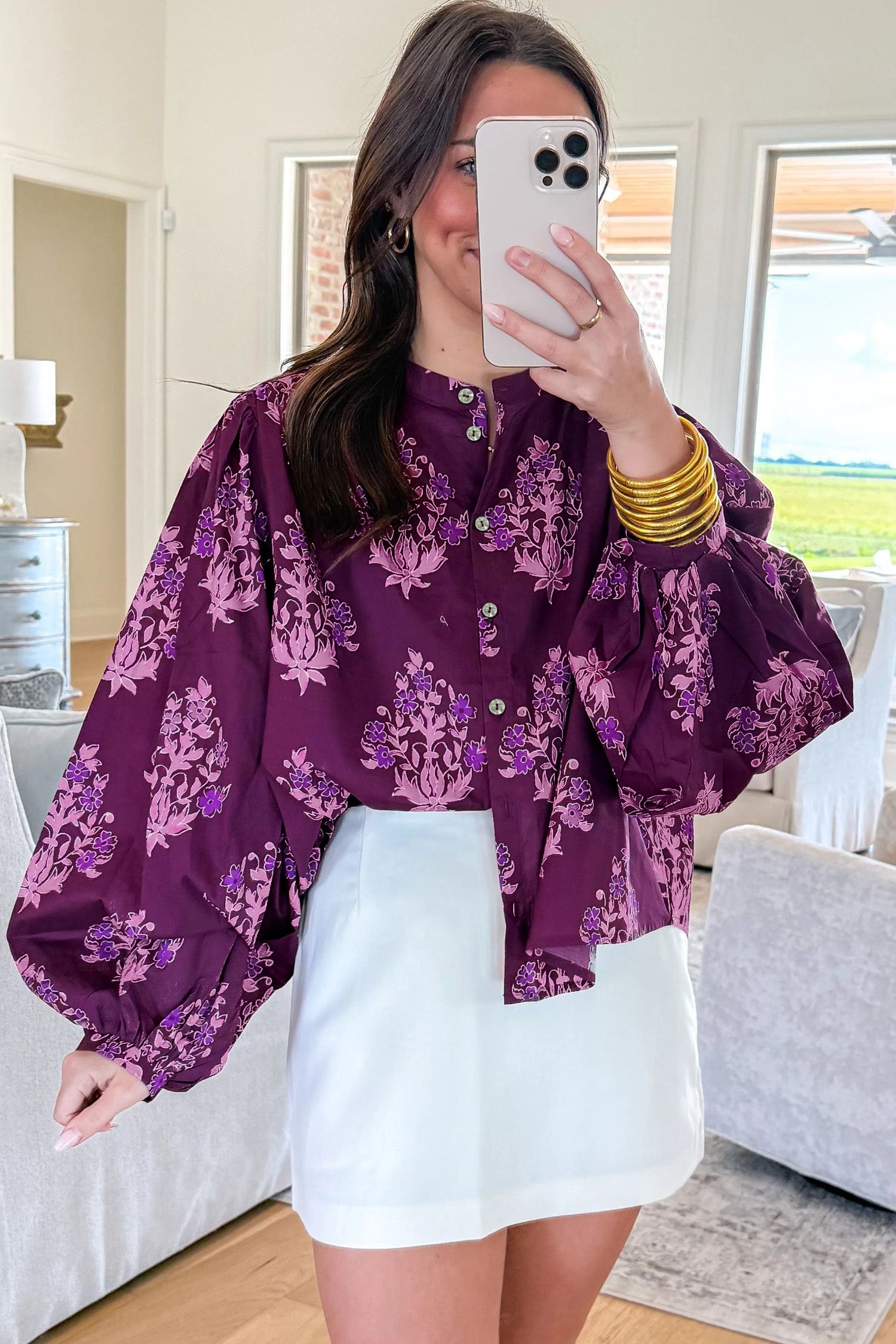 Purple Floral Print Button Front Long Puff Sleeve Shirt