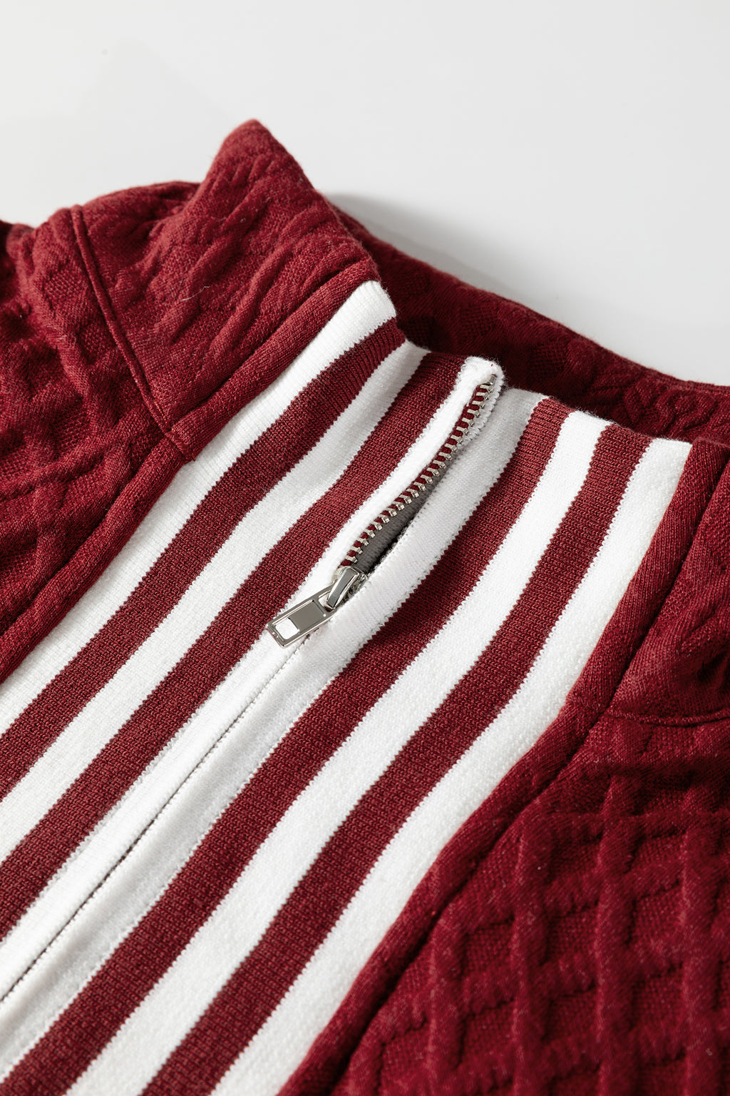 Racing Red Rhombus Textured Striped Patchwork Zip Neck Pullover Sweatshirt