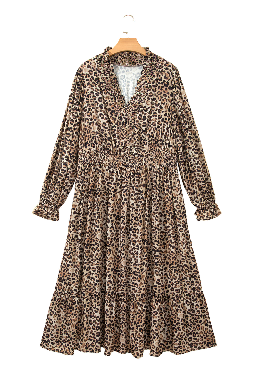 Brown Leopard Print V Neck Long Sleeve Gathered Waist Plus Size Dress