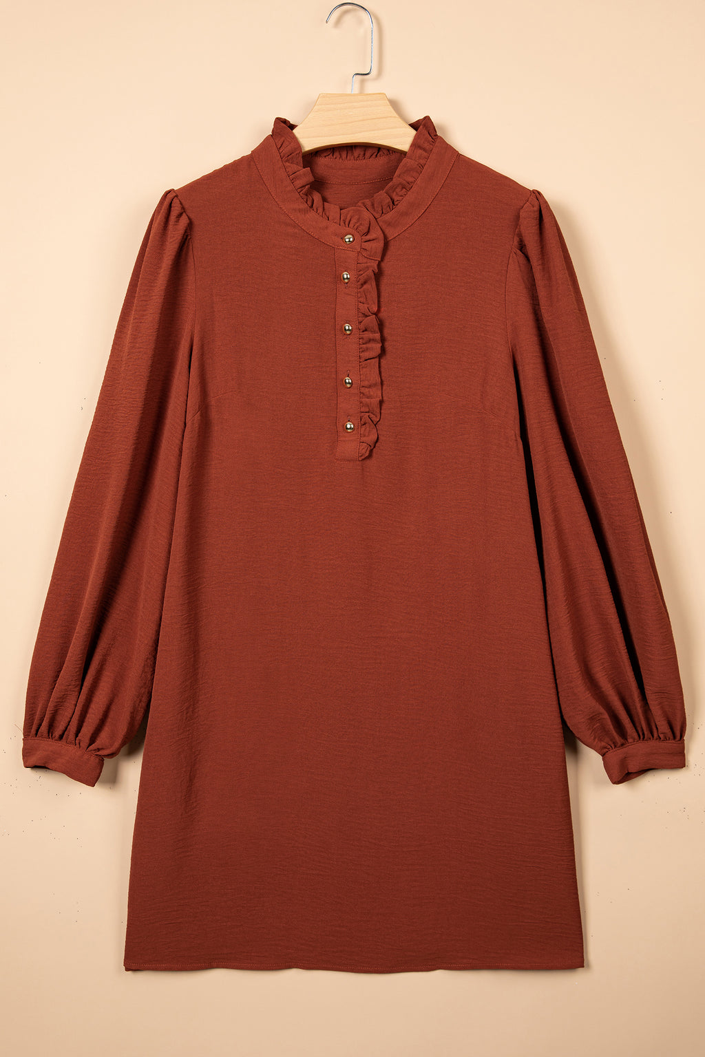 Coffee Solid Shift Long Sleeve Short Length One Piece Dress