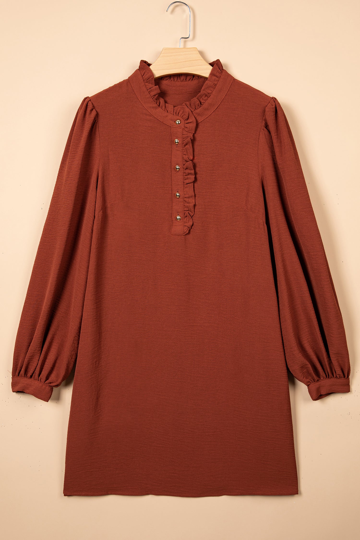 Coffee Solid Shift Long Sleeve Short Length One Piece Dress