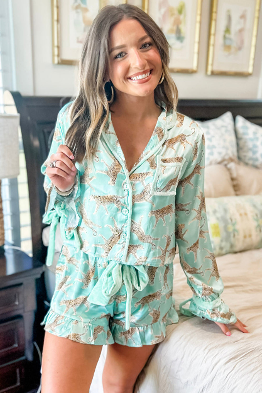 Mint Leopard Satin PJ Set