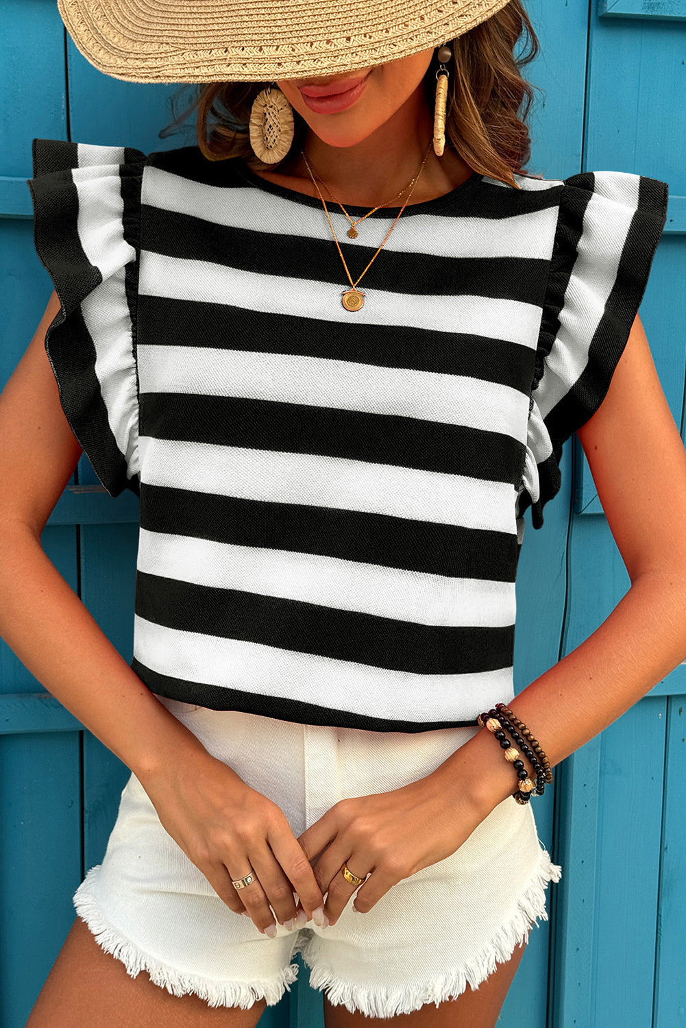 Red Stripe Flutter Sleeve Round Neck T Shirt